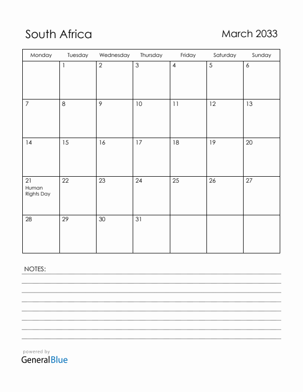 March 2033 South Africa Calendar with Holidays (Monday Start)