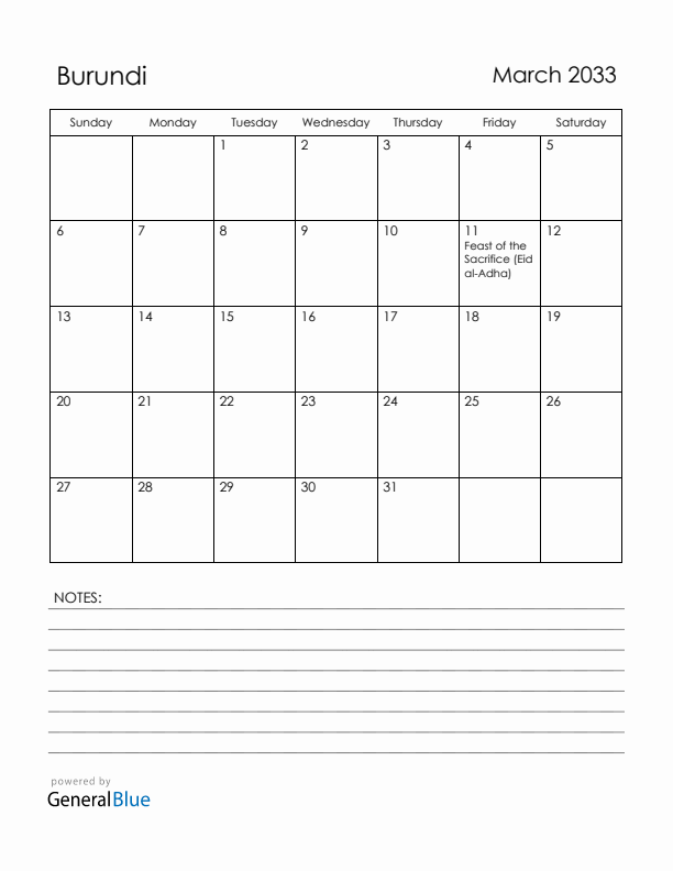 March 2033 Burundi Calendar with Holidays (Sunday Start)