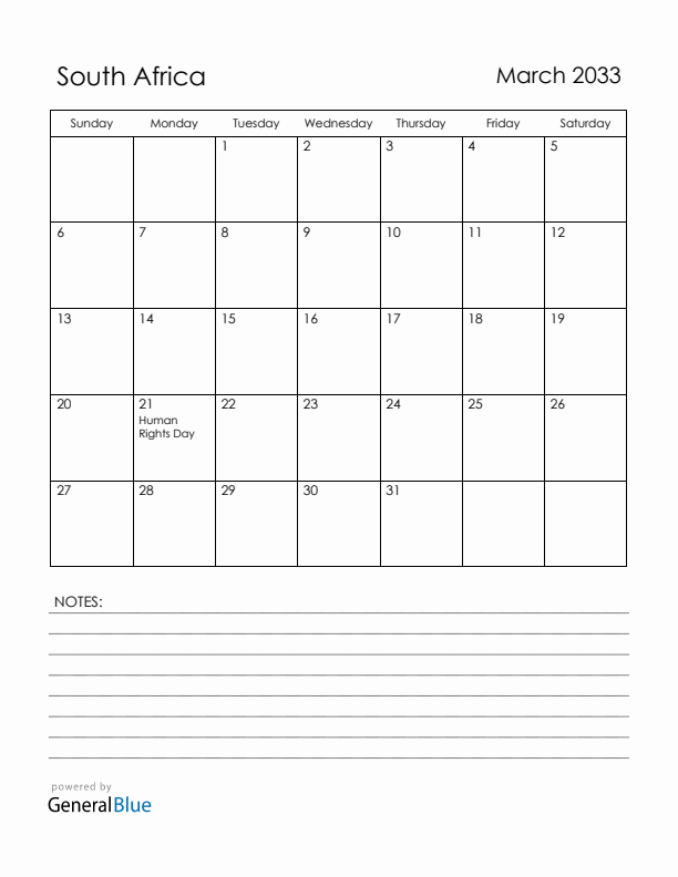 March 2033 South Africa Calendar with Holidays (Sunday Start)