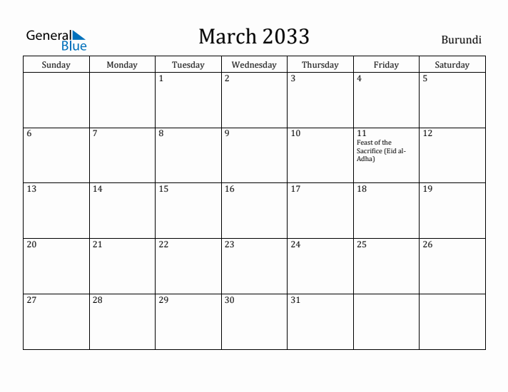 March 2033 Calendar Burundi