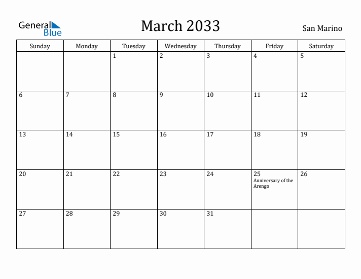 March 2033 Calendar San Marino