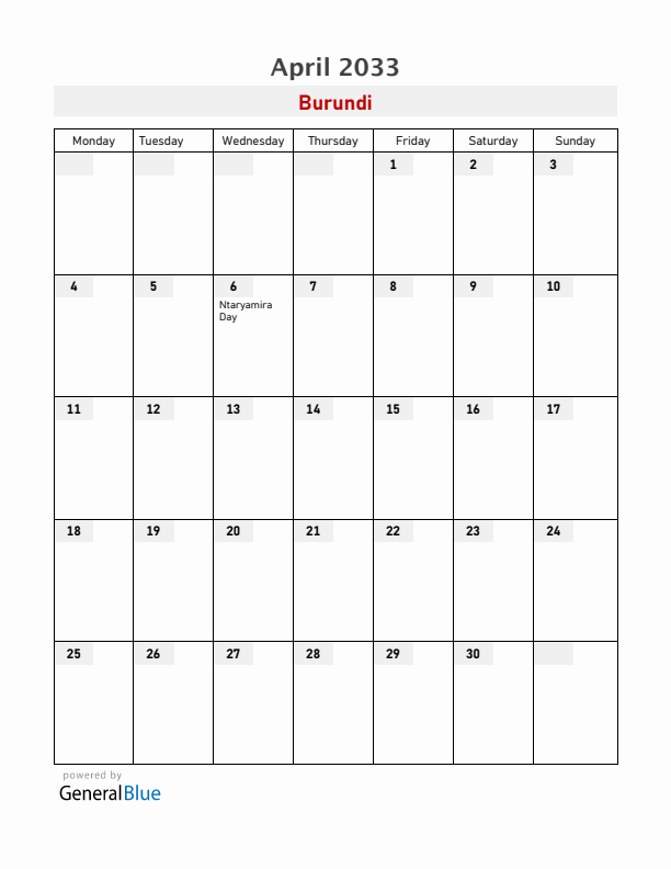 Burundi April 2033 Calendar with Holidays
