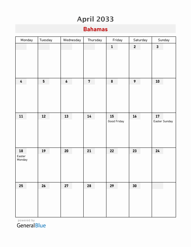 Bahamas April 2033 Calendar with Holidays