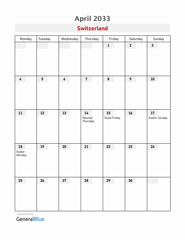 Switzerland April 2033 Calendar with Holidays