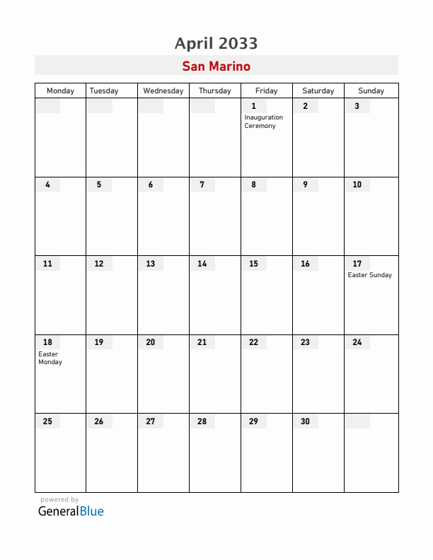 San Marino April 2033 Calendar with Holidays