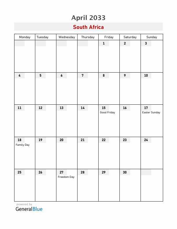 South Africa April 2033 Calendar with Holidays