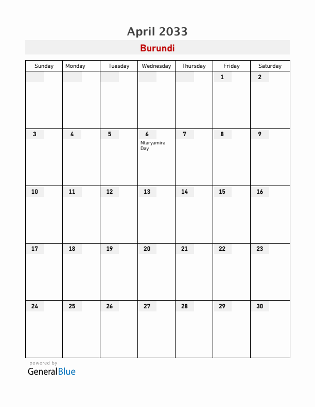 Burundi April 2033 Calendar with Holidays