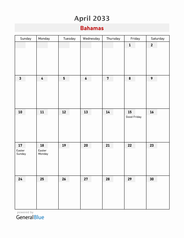 Bahamas April 2033 Calendar with Holidays