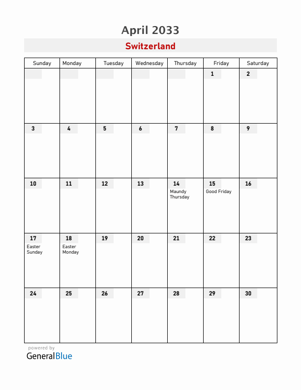 Switzerland April 2033 Calendar with Holidays