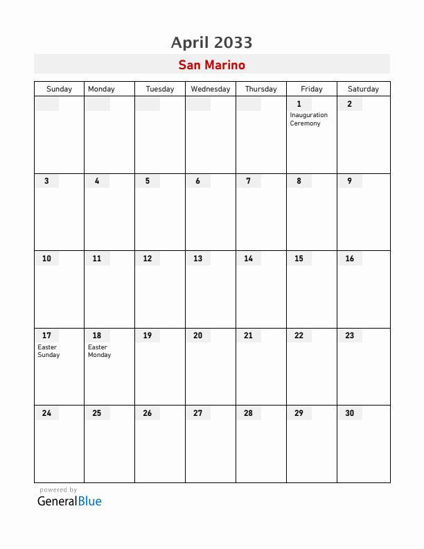 San Marino April 2033 Calendar with Holidays