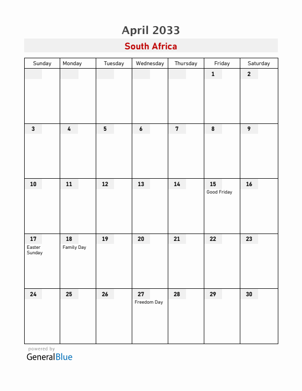 South Africa April 2033 Calendar with Holidays