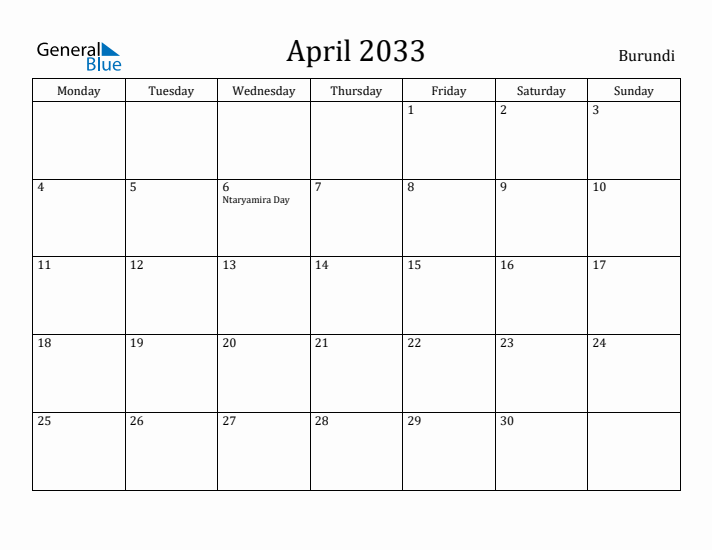 April 2033 Calendar Burundi