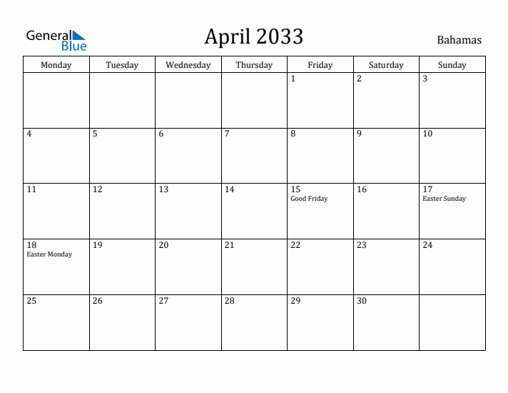 April 2033 Calendar Bahamas