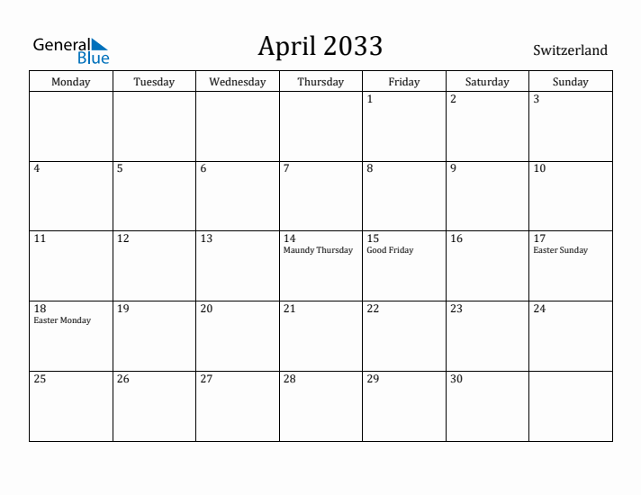April 2033 Calendar Switzerland
