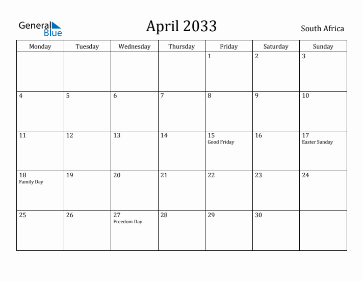 April 2033 Calendar South Africa