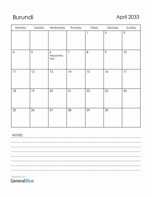 April 2033 Burundi Calendar with Holidays (Monday Start)