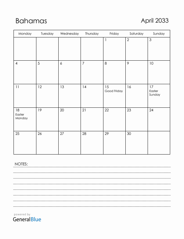 April 2033 Bahamas Calendar with Holidays (Monday Start)