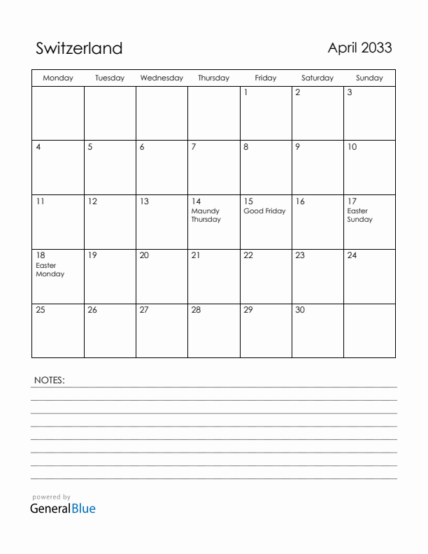 April 2033 Switzerland Calendar with Holidays (Monday Start)