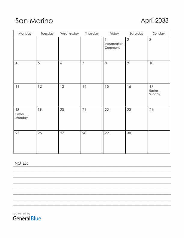 April 2033 San Marino Calendar with Holidays (Monday Start)