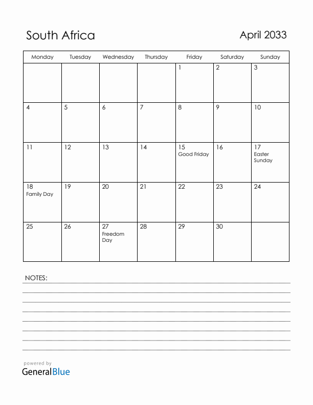 April 2033 South Africa Calendar with Holidays (Monday Start)
