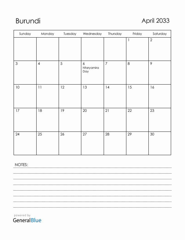 April 2033 Burundi Calendar with Holidays (Sunday Start)