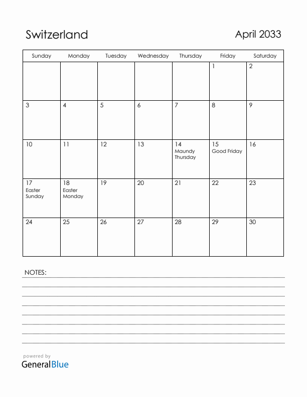 April 2033 Switzerland Calendar with Holidays (Sunday Start)