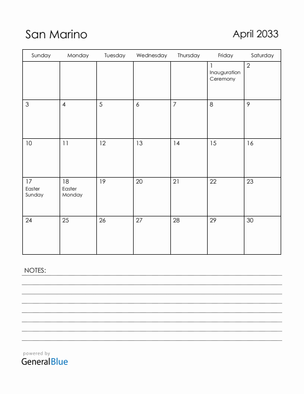 April 2033 San Marino Calendar with Holidays (Sunday Start)