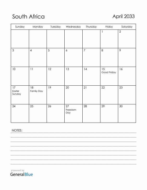 April 2033 South Africa Calendar with Holidays (Sunday Start)