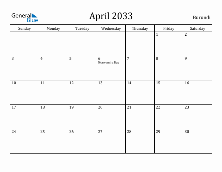 April 2033 Calendar Burundi