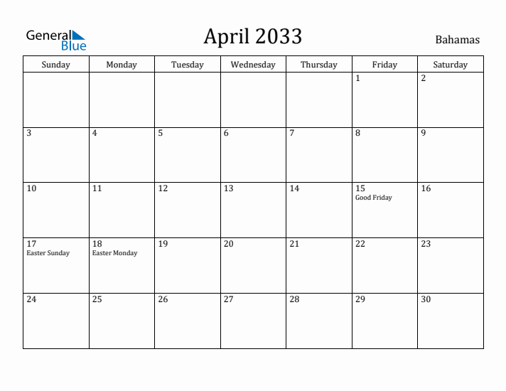 April 2033 Calendar Bahamas