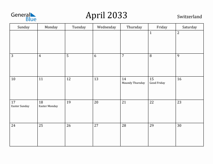 April 2033 Calendar Switzerland
