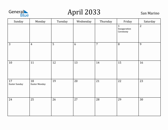 April 2033 Calendar San Marino