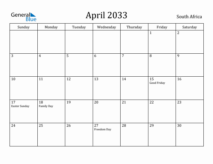 April 2033 Calendar South Africa