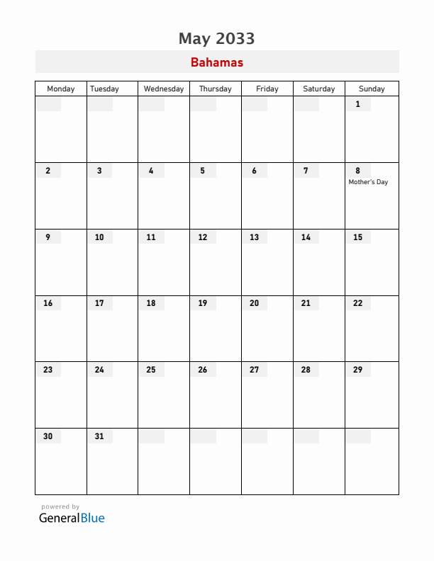 Bahamas May 2033 Calendar with Holidays