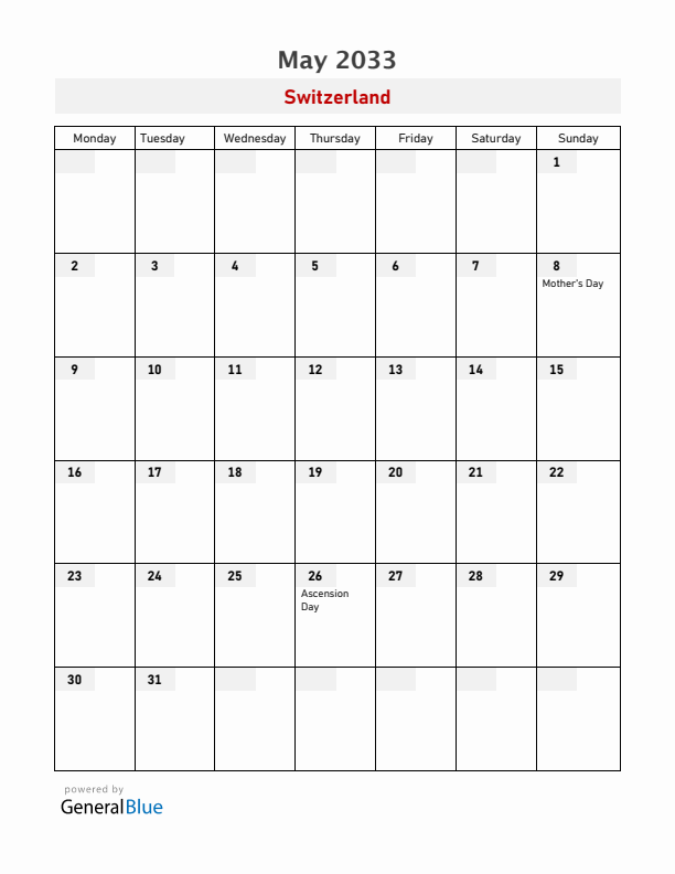 Switzerland May 2033 Calendar with Holidays