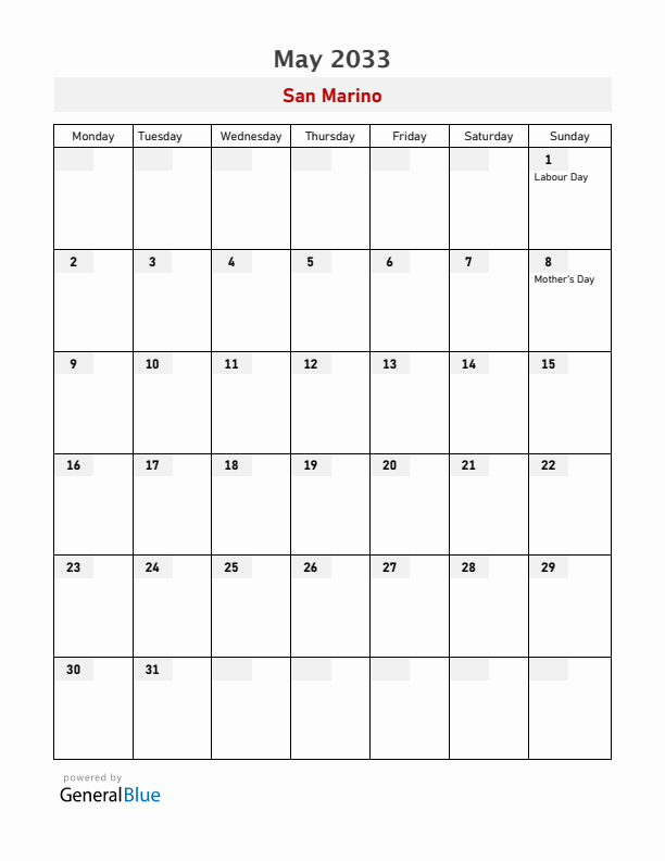San Marino May 2033 Calendar with Holidays