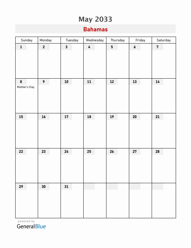 Bahamas May 2033 Calendar with Holidays