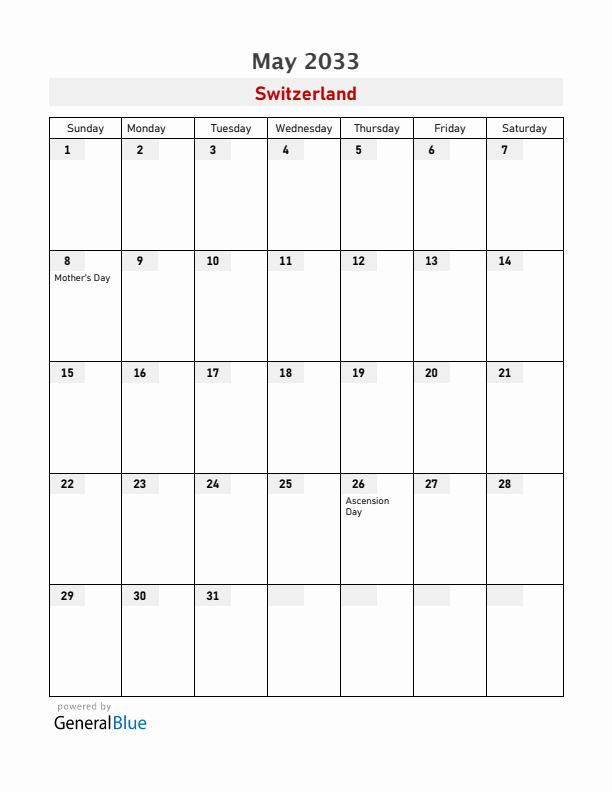 Switzerland May 2033 Calendar with Holidays