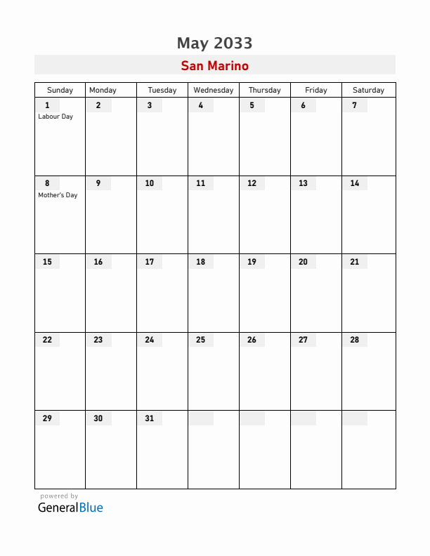 San Marino May 2033 Calendar with Holidays