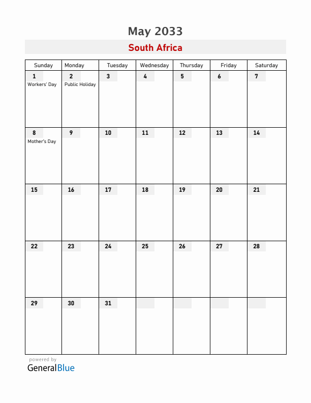 South Africa May 2033 Calendar with Holidays