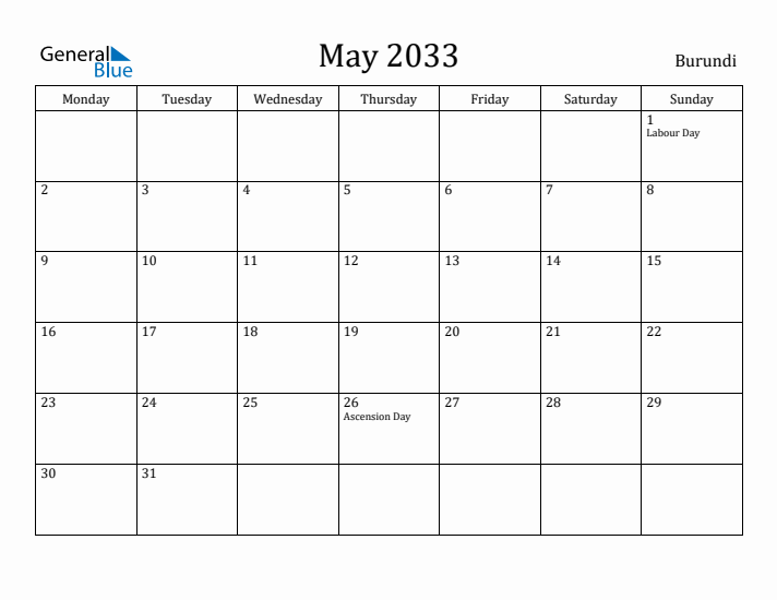 May 2033 Calendar Burundi