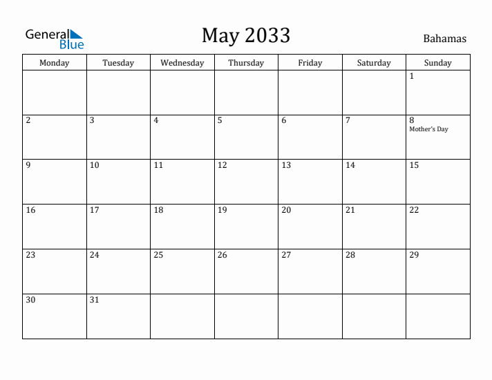 May 2033 Calendar Bahamas