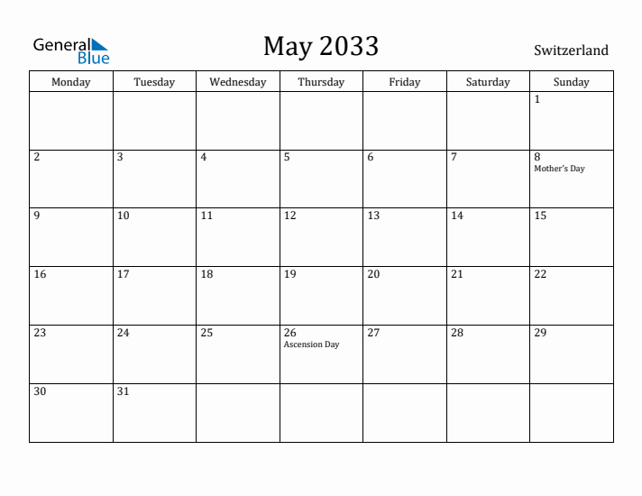 May 2033 Calendar Switzerland