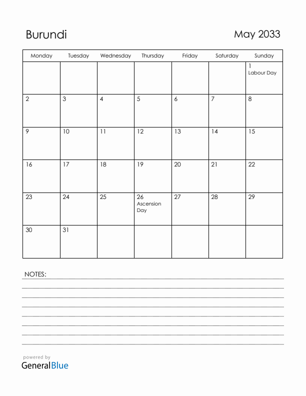 May 2033 Burundi Calendar with Holidays (Monday Start)