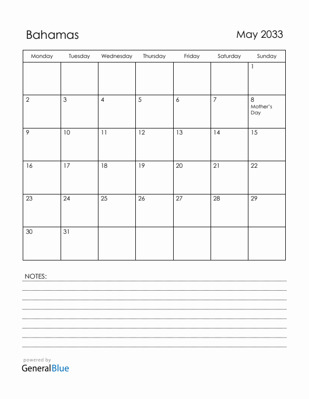 May 2033 Bahamas Calendar with Holidays (Monday Start)