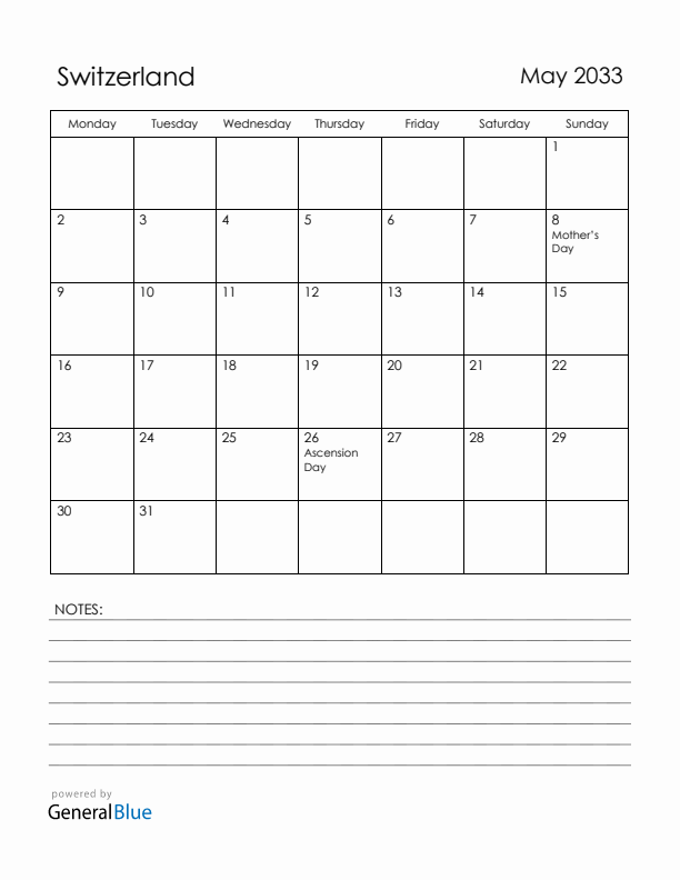 May 2033 Switzerland Calendar with Holidays (Monday Start)