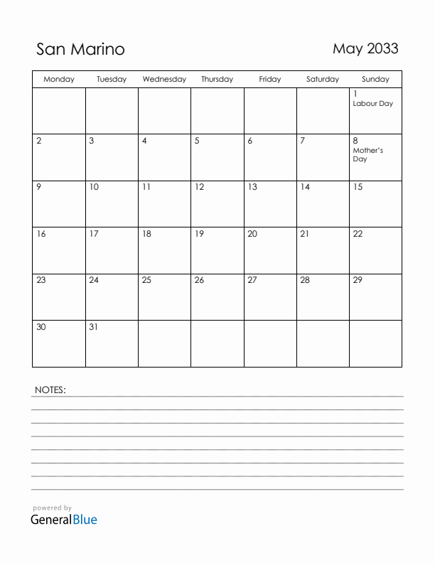 May 2033 San Marino Calendar with Holidays (Monday Start)