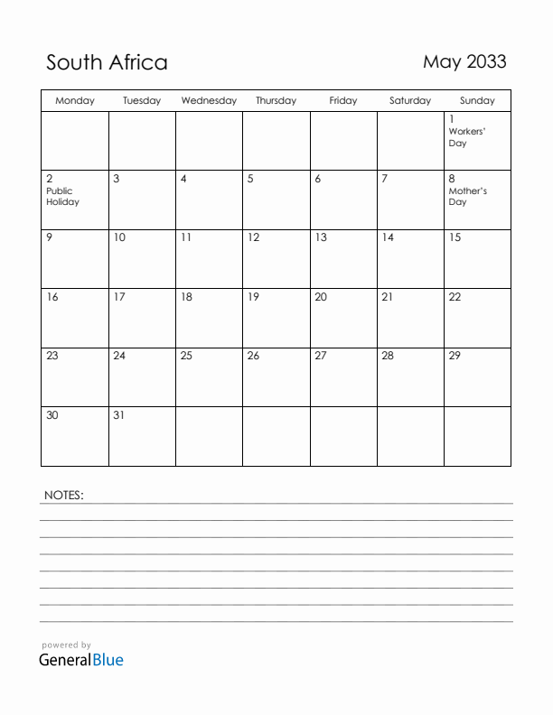 May 2033 South Africa Calendar with Holidays (Monday Start)