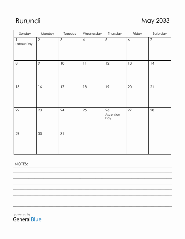 May 2033 Burundi Calendar with Holidays (Sunday Start)