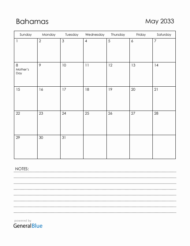 May 2033 Bahamas Calendar with Holidays (Sunday Start)
